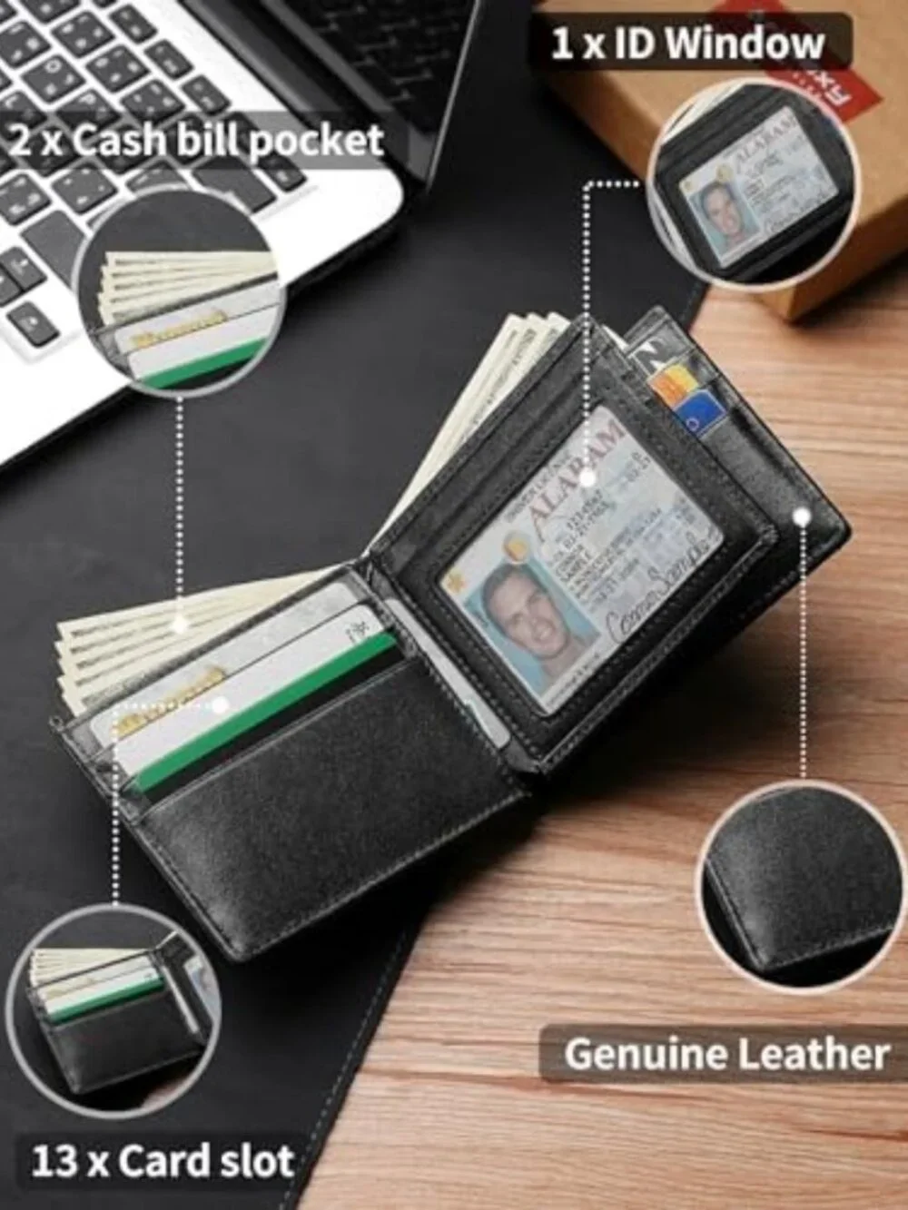 Genuine Leather Bifold Wallet for Men | RFID Blocking, 13 Card Holders, ID